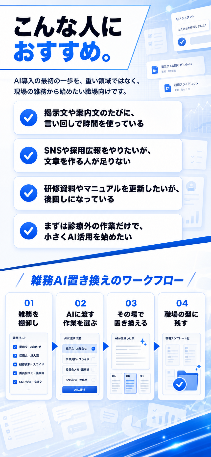 こんな人におすすめ。雑務を棚卸し、AIに渡す作業を選び、その場で置き換え、職場の型に残します。